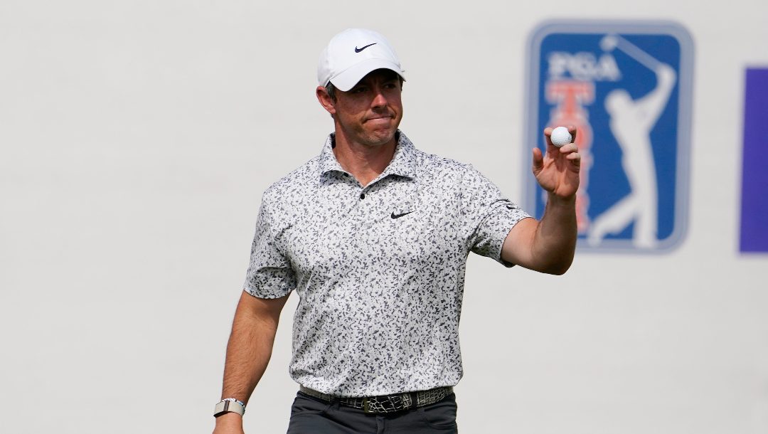 Rory McIlroy acknowledges fans on the 16th hole during the final round of the Phoenix Open golf tournament, Sunday, Feb. 12, 2023, in Scottsdale, Ariz.