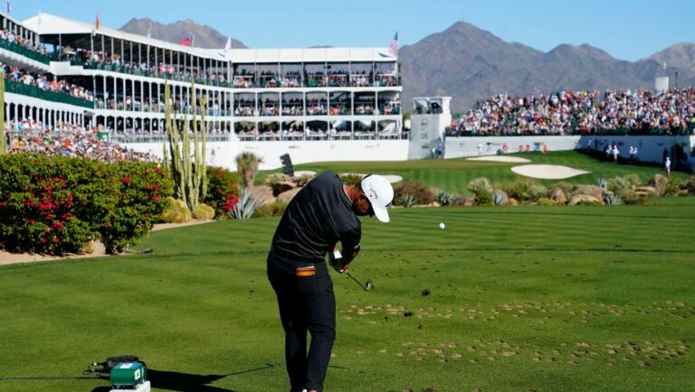 Xander Schauffele hits his tee shot at the 16th hole during the final round of the Phoenix Open golf tournament Sunday, Feb. 13, 2022, in Scottsdale, Ariz.