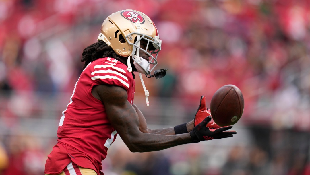 San Francisco 49ers wide receiver Brandon Aiyuk before an NFL football game against the Arizona Cardinals in Santa Clara, Calif., Sunday, Jan. 8, 2023. (AP Photo/Godofredo A. Vásquez)