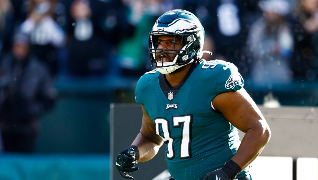 Philadelphia Eagles defensive tackle Javon Hargrave (97) is introduced before an NFL football game against the New Orleans Saints, Sunday, Jan. 1, 2023, in Philadelphia. (AP Photo/Rich Schultz)