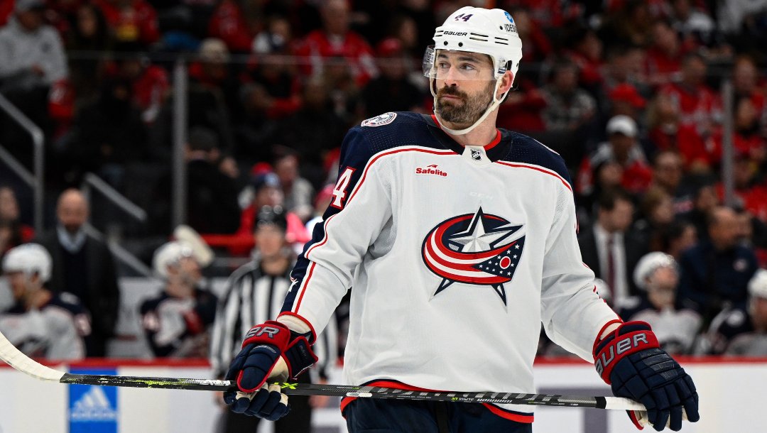 Columbus Blue Jackets defenseman Erik Gudbranson (44) looks on during the second period of an NHL hockey game against the Washington Capitals, Sunday, Jan. 8, 2023, in Washington.