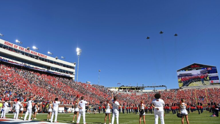F-15 fighter jets from the 159th Fighter Wing of the Louisiana Air National Guard perform a flyover of Vaught-Hemingway Stadium before an NCAA college football game between Mississippi and Kentucky in Oxford, Miss., Saturday, Oct. 1, 2022. (AP Photo/Thomas Graning)