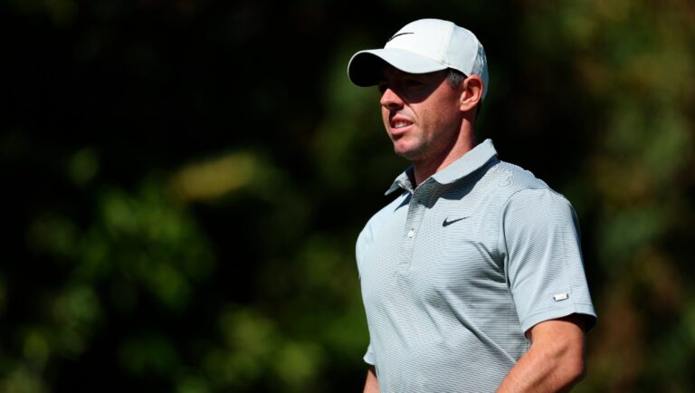 Rory McIlroy, of Northern Ireland, looks on from the fourth hole during the first round of the Genesis Invitational golf tournament at Riviera Country Club, Thursday, Feb. 17, 2022, in the Pacific Palisades area of Los Angeles. (AP Photo/Ryan Kang)