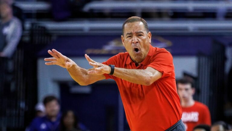 Houston coach Kelvin Sampson shouts during the first half of the team's NCAA college basketball game against East Carolina in Greenville, N.C., Saturday, Feb. 25, 2023.