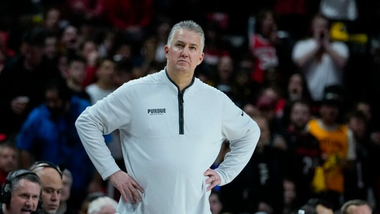 Purdue head coach Matt Painter during the first half of an NCAA college basketball game between Maryland and Purdue, Thursday, Feb. 16, 2023, in College Park, Md. Maryland won 68-54.
