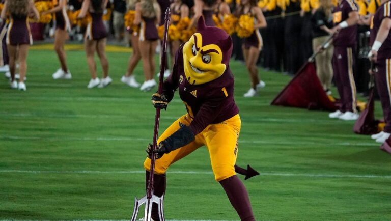 Arizona State's mascot Sparky sticks a pitchfork into Sun Devil stadium before the first half of an NCAA college football game against Eastern Michigan Saturday, Sept. 17, 2022, in Tempe, Ariz.