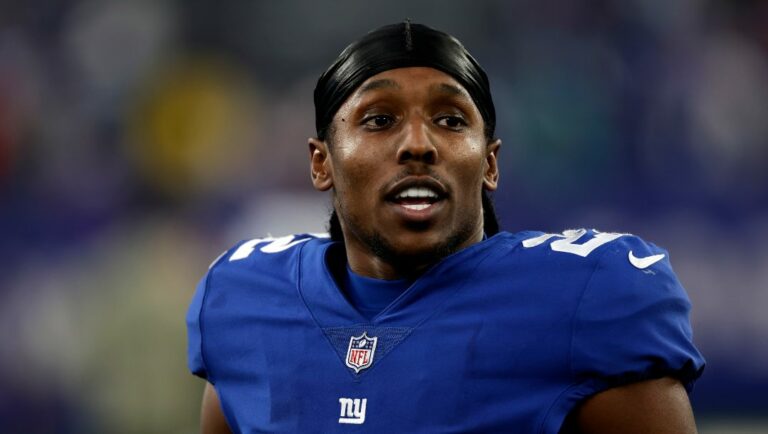 New York Giants cornerback Adoree' Jackson (22) walks off the field after an NFL football game against the Houston Texans on Sunday, Nov. 13, 2022, in East Rutherford, N.J.