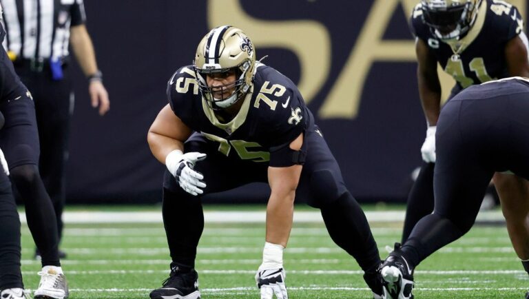New Orleans Saints guard Andrus Peat (75) during an NFL football game against the Baltimore Ravens, Monday, Nov. 7, 2022, in New Orleans.