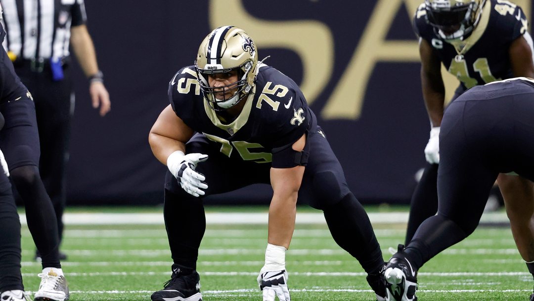 New Orleans Saints guard Andrus Peat (75) during an NFL football game against the Baltimore Ravens, Monday, Nov. 7, 2022, in New Orleans.
