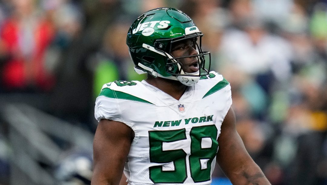 New York Jets defensive end Carl Lawson against the Seattle Seahawks during the first half of an NFL football game Sunday, Jan. 1, 2023, in Seattle.