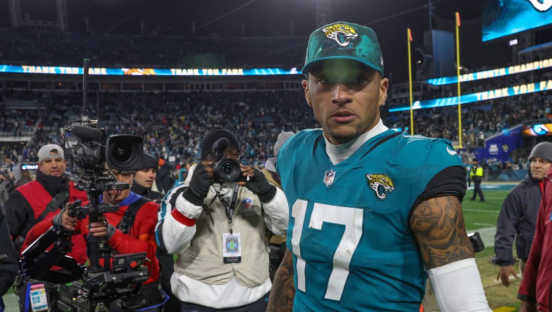 Jacksonville Jaguars tight end Evan Engram (17) walks off the field after an NFL wild-card football game against the Los Angeles Chargers, Saturday, Jan. 14, 2023, in Jacksonville, Fla. The Jaguars defeated the Chargers 31-30.