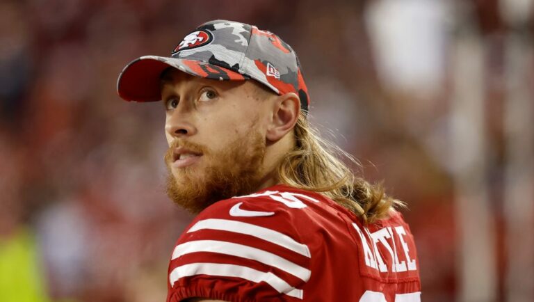 San Francisco 49ers tight end George Kittle during an NFL divisional round playoff football game against the Dallas Cowboys in Santa Clara, Calif., Sunday, Jan. 22, 2023.