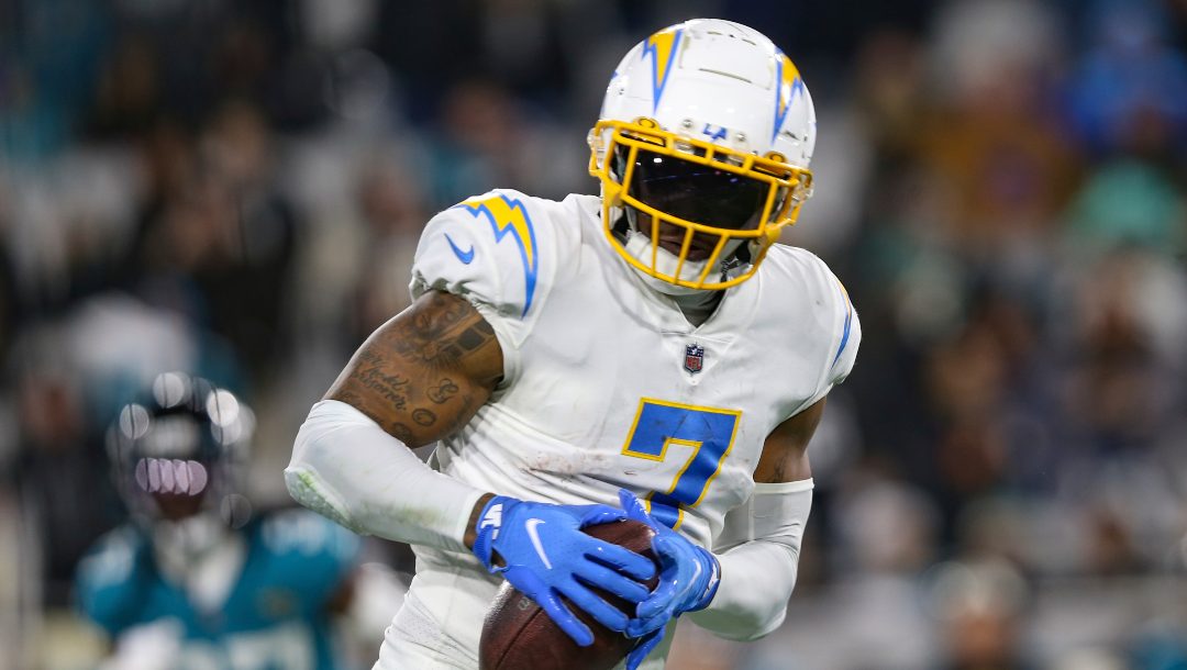 Los Angeles Chargers tight end Gerald Everett (7) catches a pass during an NFL wild-card football game against the Jacksonville Jaguars, Saturday, Jan. 14, 2023, in Jacksonville, Fla. The Jaguars defeated the Chargers 31-30.