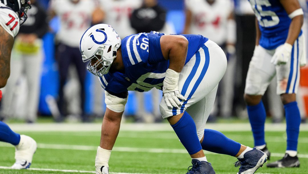 Indianapolis Colts defensive tackle Grover Stewart (90) lines up before the snap during an NFL football game against the Houston Texans, Sunday, Jan. 8, 2023, in Indianapolis.