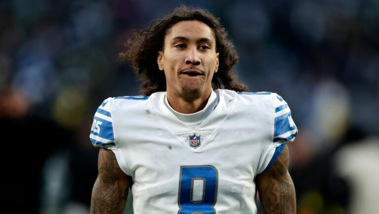 Detroit Lions wide receiver Josh Reynolds (8) walks off the field after defeating the New York Jets during an NFL football game Sunday, Dec. 18, 2022, in East Rutherford, N.J.