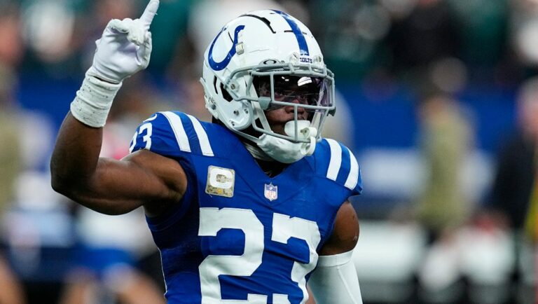 Indianapolis Colts cornerback Kenny Moore II (23) signals in the second half of an NFL football game against the Philadelphia Eagles in Indianapolis, Fla., Sunday, Nov. 20, 2022.