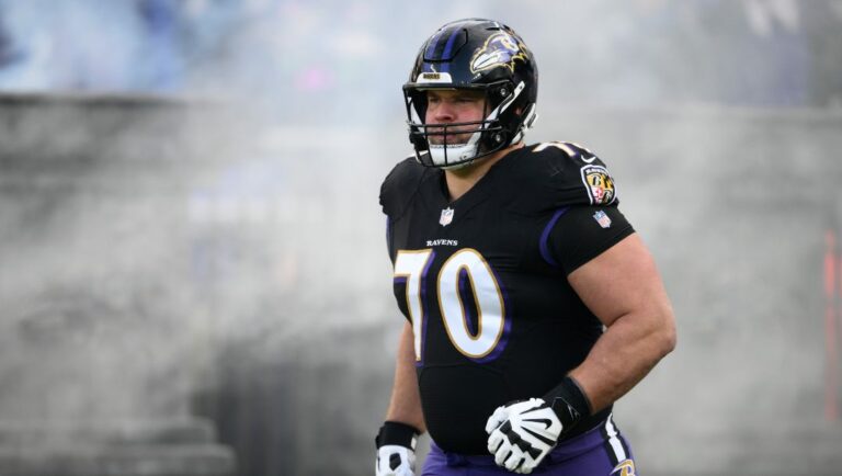 Baltimore Ravens guard Kevin Zeitler (70) takes to the field before an NFL football game against the Atlanta Falcons, Saturday, Dec. 24, 2022, in Baltimore.