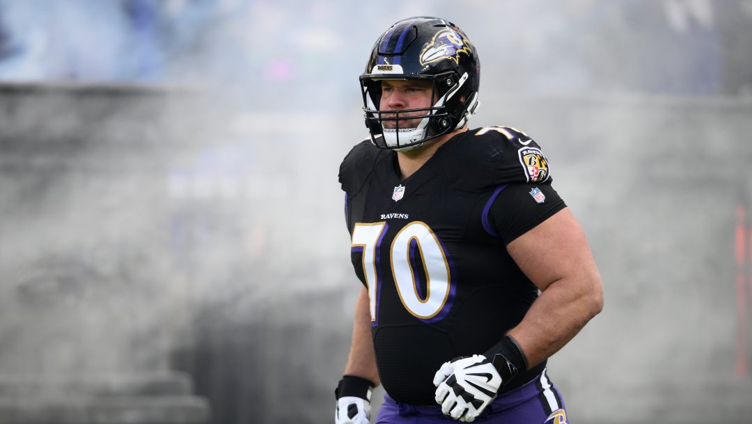 Baltimore Ravens guard Kevin Zeitler (70) takes to the field before an NFL football game against the Atlanta Falcons, Saturday, Dec. 24, 2022, in Baltimore.
