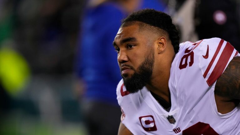 New York Giants defensive end Leonard Williams in action before an NFL divisional round playoff football game, Saturday, Jan. 21, 2023, in Philadelphia.