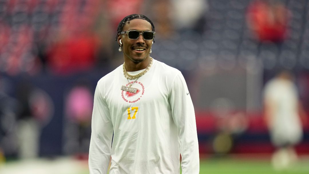 Kansas City Chiefs wide receiver Mecole Hardman (17) warms up before an NFL football game against the Houston Texans Sunday, Dec. 18, 2022, in Houston.