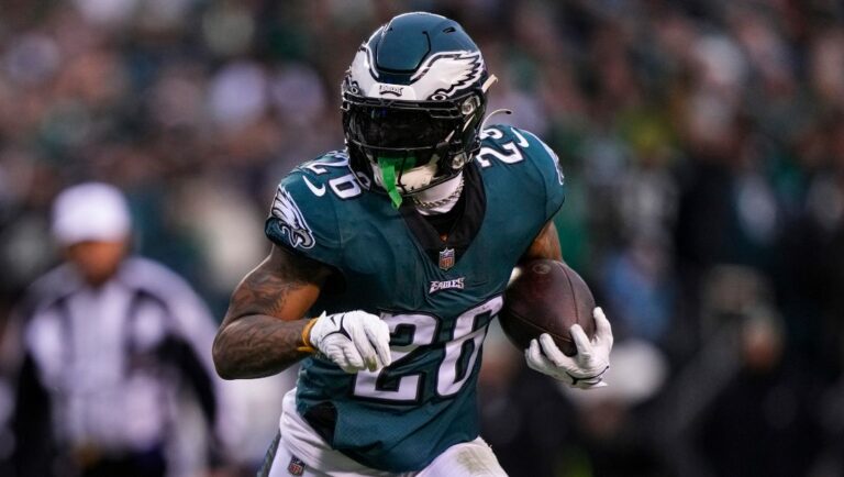 Philadelphia Eagles running back Miles Sanders (26) in action during the NFC Championship NFL football game on Sunday, Jan. 29, 2023, in Philadelphia. (