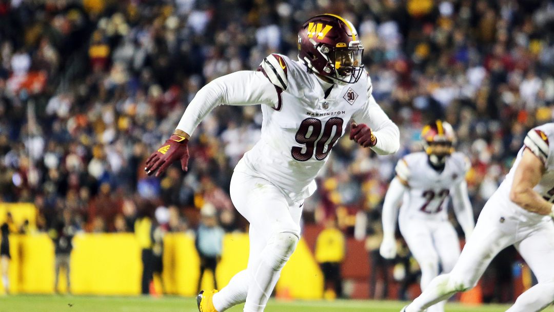 Washington Commanders defensive end Montez Sweat (90) runs during an NFL football game against the Dallas Cowboys, Sunday, January 8, 2023 in Landover.