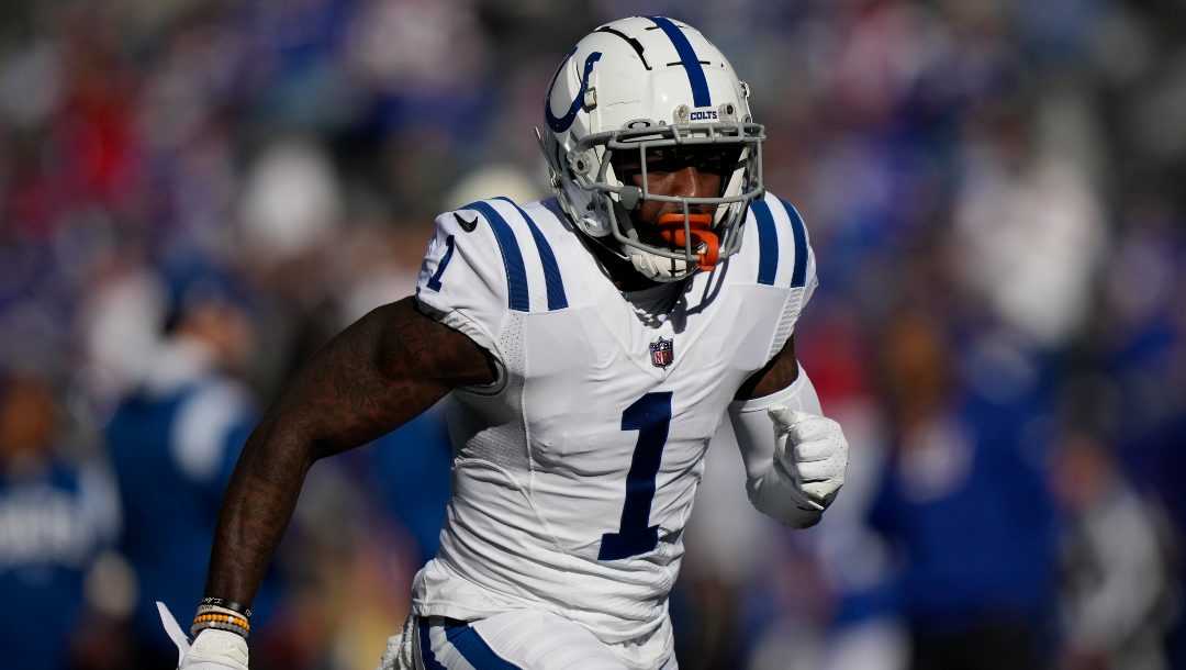 Indianapolis Colts' Parris Campbell (1) warms up before an NFL football game against the New York Giants, Sunday, Jan. 1, 2023, in East Rutherford, N.J.