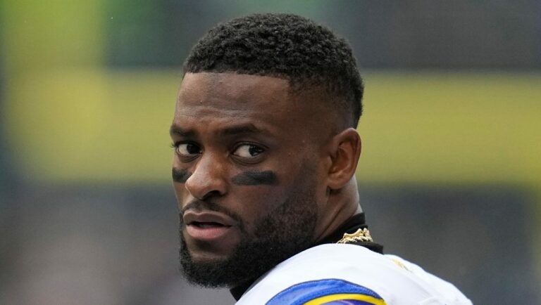Los Angeles Rams wide receiver Van Jefferson (12) stands on the sideline before an NFL football game against the Seattle Seahawks, Sunday, Jan. 8, 2023, in Seattle.
