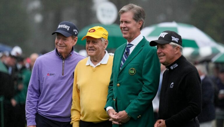 Tom Watson, from left, Jack Nicklaus, Fred Ridley, chairman of Augusta National Golf Club and the Masters Tournament, and Gary Player pose for a picture during the honorary starter ceremony before the first round at the Masters golf tournament on Thursday, April 7, 2022, in Augusta, Ga.