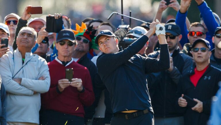 Jordan Spieth hits from the rough on the 14th hole during the second round of the Valspar Championship golf tournament Friday, March 9, 2018, in Palm Harbor, Fla.