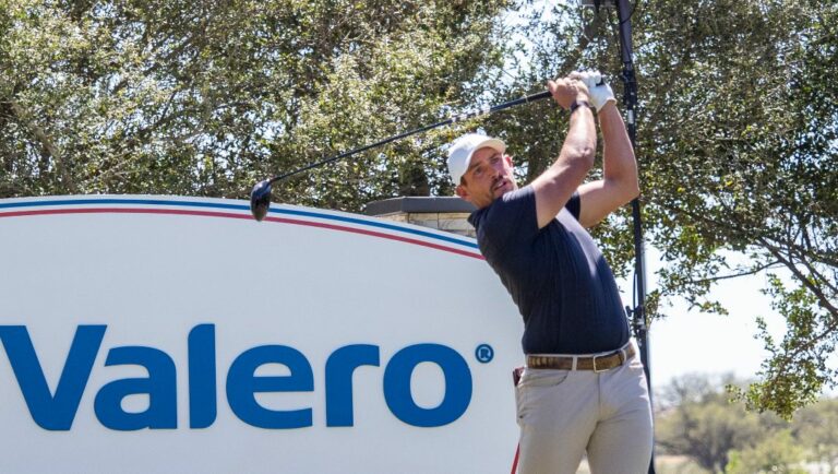 Scott Stallings tees off on the 18th hole during the third round of the Valero Texas Open golf tournament in San Antonio, Saturday, April 2, 2022.