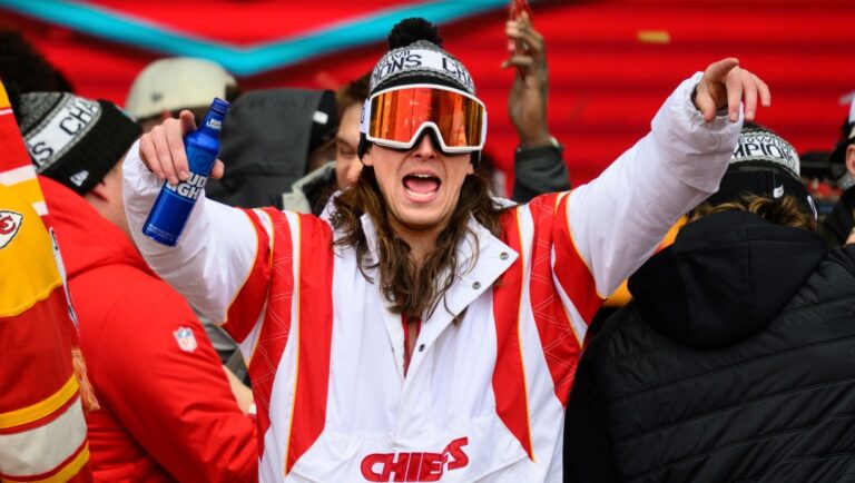 Tommy Townsend holds a Bud Lite can while celebrating during the Kansas City Chiefs' victory party in Kansas City, Mo., Wednesday, Feb. 15, 2023. The Chiefs defeated the Philadelphia Eagles in the NFL Super Bowl 57 football game. (AP Photo/Reed Hoffmann)