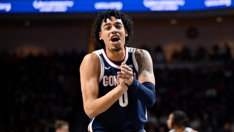 Gonzaga guard Julian Strawther reacts after a 3-point basket against Saint Mary's during the first half an NCAA college basketball game in the final of the West Coast Conference men's tournament Tuesday, March 7, 2023, in Las Vegas. (AP Photo/David Becker)
