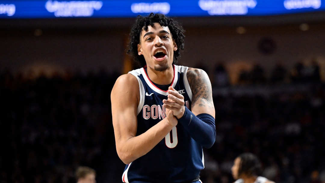 Gonzaga guard Julian Strawther reacts after a 3-point basket against Saint Mary's during the first half an NCAA college basketball game in the final of the West Coast Conference men's tournament Tuesday, March 7, 2023, in Las Vegas. (AP Photo/David Becker)