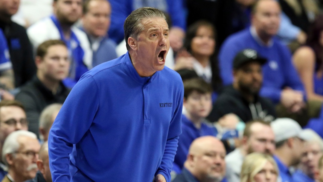 Kentucky head coach John Calipari yells to his team during the second half of an NCAA college basketball game against Tennessee in Lexington, Ky., Saturday, Feb. 18, 2023. Kentucky won 66-54. (AP Photo/James Crisp)