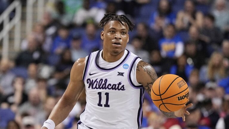 Kansas State forward Keyontae Johnson brings the ball down court against Montana State during the first half of a first-round college basketball game in the NCAA Tournament on Friday, March 17, 2023, in Greensboro, N.C. (AP Photo/Chris Carlson)