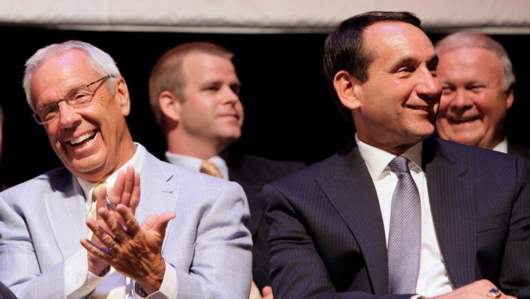during a ceremony presented by the North Carolina Sports Hall of Fame in Raleigh, N.C., Wednesday, June 29, 2011. Dean Smith, Mike Krzyzewski and the late Kay Yow were honored for their contributions to basketball by the Naismith International Basketball Foundation. (AP Photo/Gerry Broome)NC