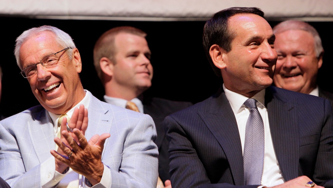 during a ceremony presented by the North Carolina Sports Hall of Fame in Raleigh, N.C., Wednesday, June 29, 2011. Dean Smith, Mike Krzyzewski and the late Kay Yow were honored for their contributions to basketball by the Naismith International Basketball Foundation. (AP Photo/Gerry Broome)NC