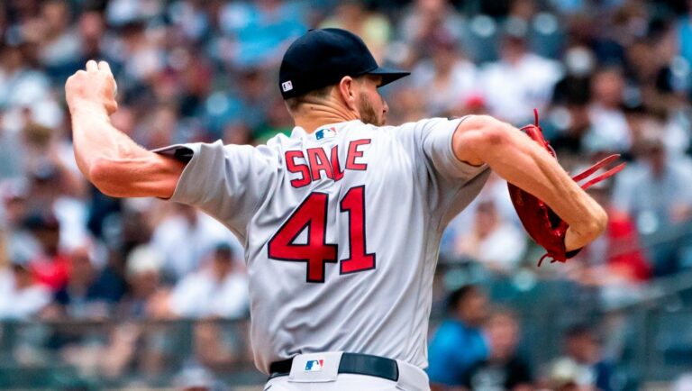 Boston Red Sox starting pitcher Chris Sale throws during the first inning of a baseball game against the New York Yankees, Sunday, July 17, 2022, in New York. The Yankees won 13-2.