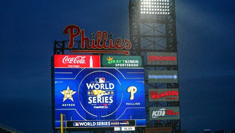 Rain falls at the Citizens Bank Park before Game 3 of baseball's World Series between the Houston Astros and the Philadelphia Phillies on Monday, Oct. 31, 2022, in Philadelphia. The game was postponed by rain Monday night with the matchup tied 1-1.