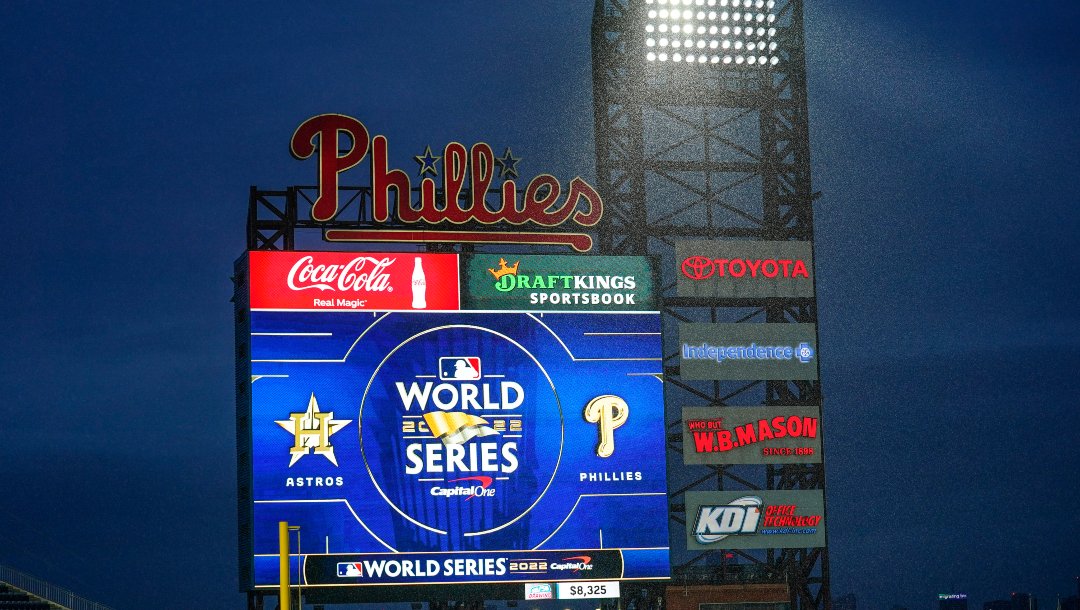 Rain falls at the Citizens Bank Park before Game 3 of baseball's World Series between the Houston Astros and the Philadelphia Phillies on Monday, Oct. 31, 2022, in Philadelphia. The game was postponed by rain Monday night with the matchup tied 1-1.