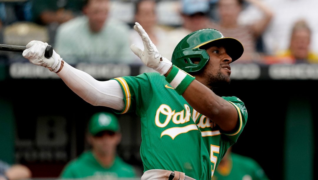 Oakland Athletics' Tony Kemp bats during the eighth inning of a baseball game against the Kansas City Royals Saturday, June 25, 2022, in Kansas City, Mo.