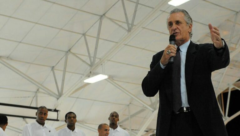 Pat Riley, the president of the Miami Heat National Basketball Association team, speaks during the team's arrival at Eglin Air Force Base.
