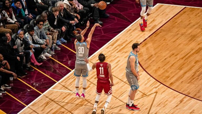 Stephen Curry of the Golden State Warriors shoots a three-point shot during the 2022 NBA All-Star game.