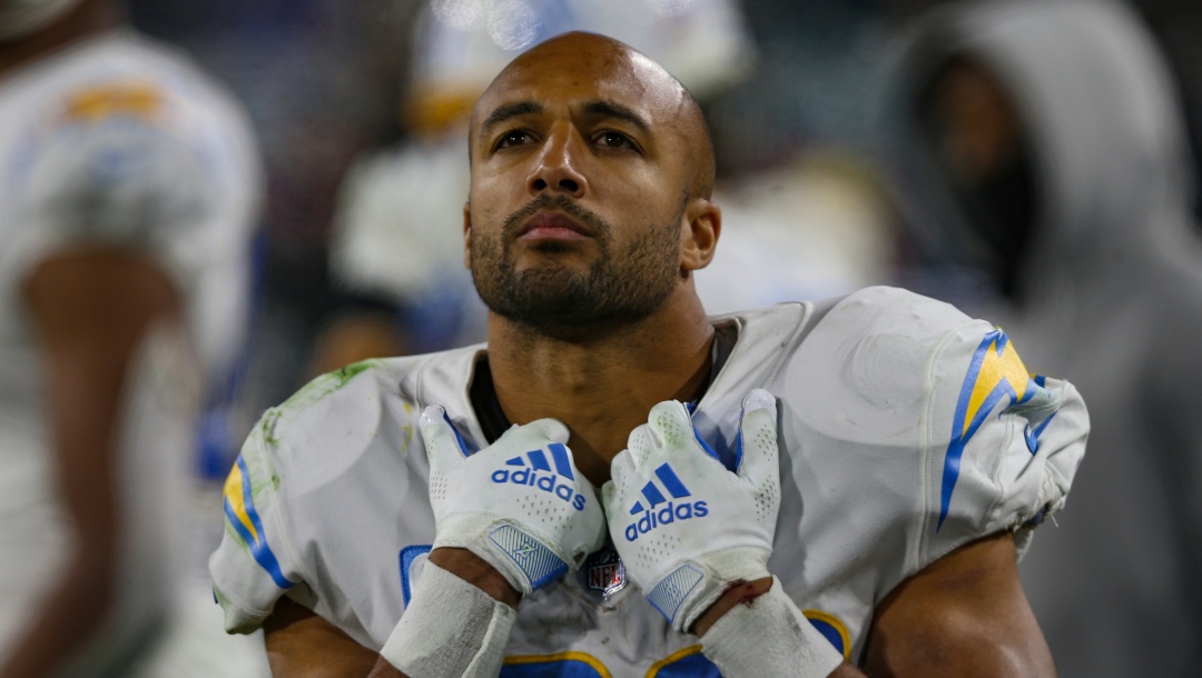 Los Angeles Chargers running back Austin Ekeler (30) looks up at a video screen during an NFL wild-card football game against the Jacksonville Jaguars, Saturday, Jan. 14, 2023, in Jacksonville, Fla. The Jaguars defeated the Chargers 31-30. (AP Photo/Gary McCullough)