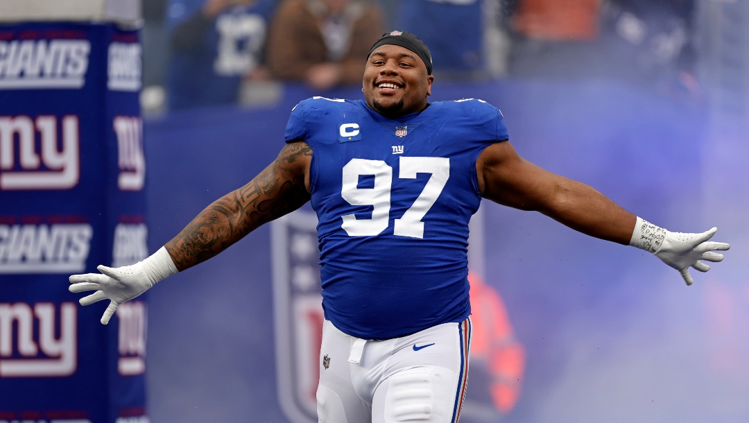 New York Giants defensive tackle Dexter Lawrence (97) takes the field for an NFL football game against the Philadelphia Eagles on Sunday, Dec. 11, 2022, in East Rutherford, N.J. (AP Photo/Adam Hunger)