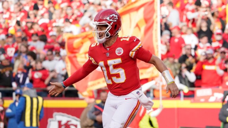 Kansas City Chiefs quarterback Patrick Mahomes celebrates a touchdown against the Denver Broncos during an NFL football game Sunday, Jan. 1, 2023, in Kansas City, Mo. (AP Photo/Ed Zurga)