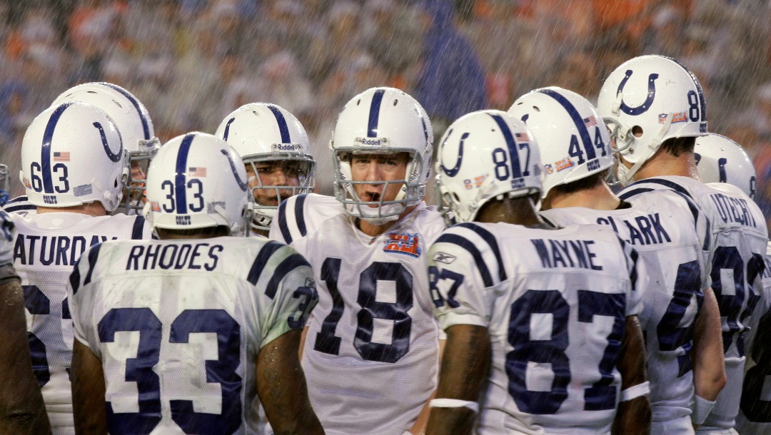 FILE - In this Feb. 4, 2007, file photo, Indianapolis Colts quarterback Peyton Manning (18) talks to teammates in a huddle in the rain during the third quarter against the Chicago Bears in NFL football's Super Bowl XLI in Miami. The Colts won 29-17. (AP Photo/Alex Brandon, file)
