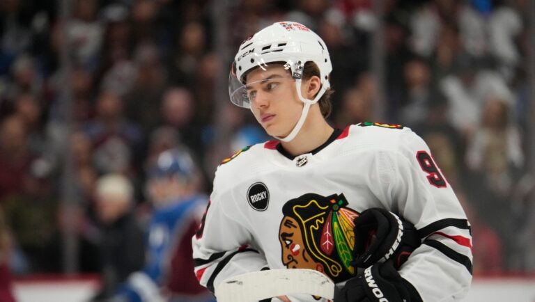 Chicago Blackhawks center Connor Bedard (98) in the second period of an NHL hockey game on Thursday, Oct. 19, 2023, in Denver. (AP Photo/David Zalubowski)