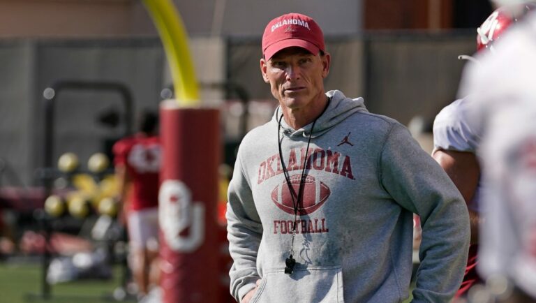 Oklahoma head coach Brent Venables during an NCAA college football spring practice, Monday, April 10, 2023, in Norman, Okla.